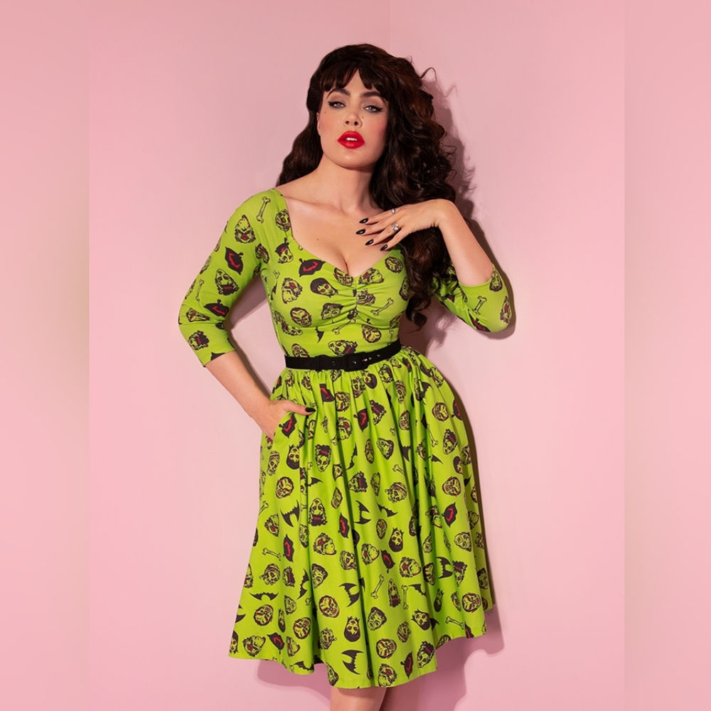 VIXEN - WICKED SWING DRESS IN VINTAGE MONSTER MASH PRINT
